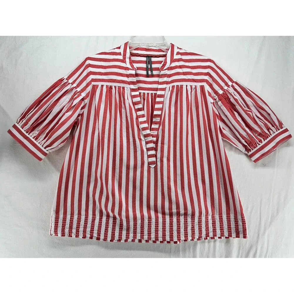 Anthropologie Red White Striped Puff Sleeve Cotton Blouse Top Shirt Boho Medium
